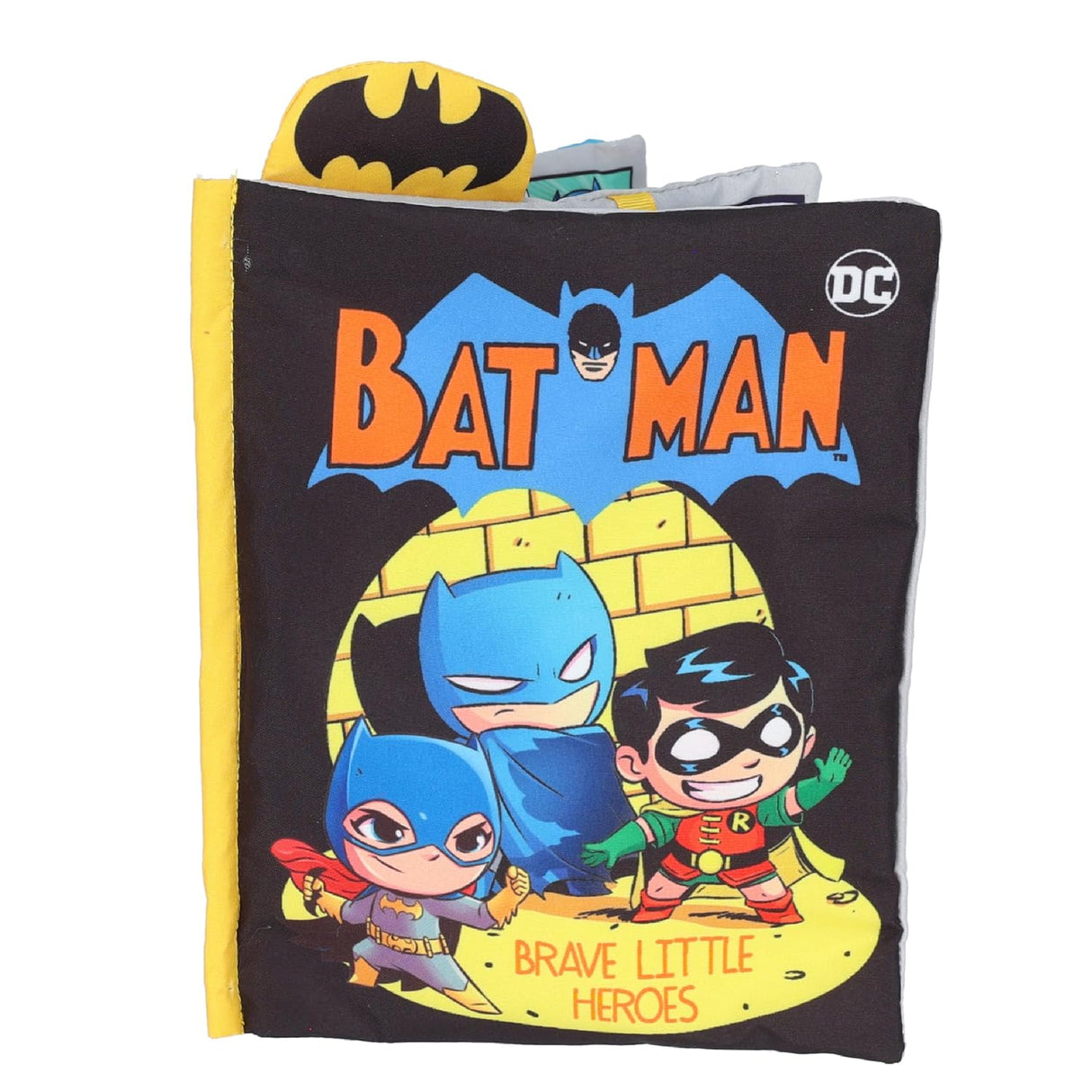 DC My First Comic Soft Book featuring Batman, Robin, and Batgirl with plush toys and interactive flaps for babies.