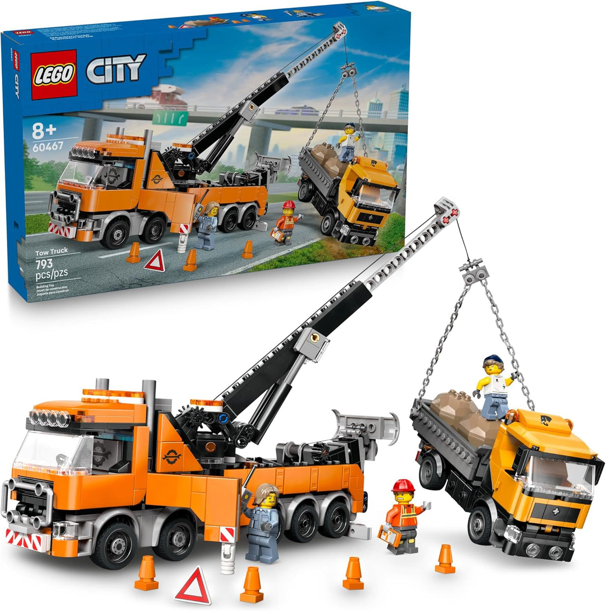 LEGO City heavy-duty orange tow truck with crane lifting a dump truck and three worker minifigures playing outdoors