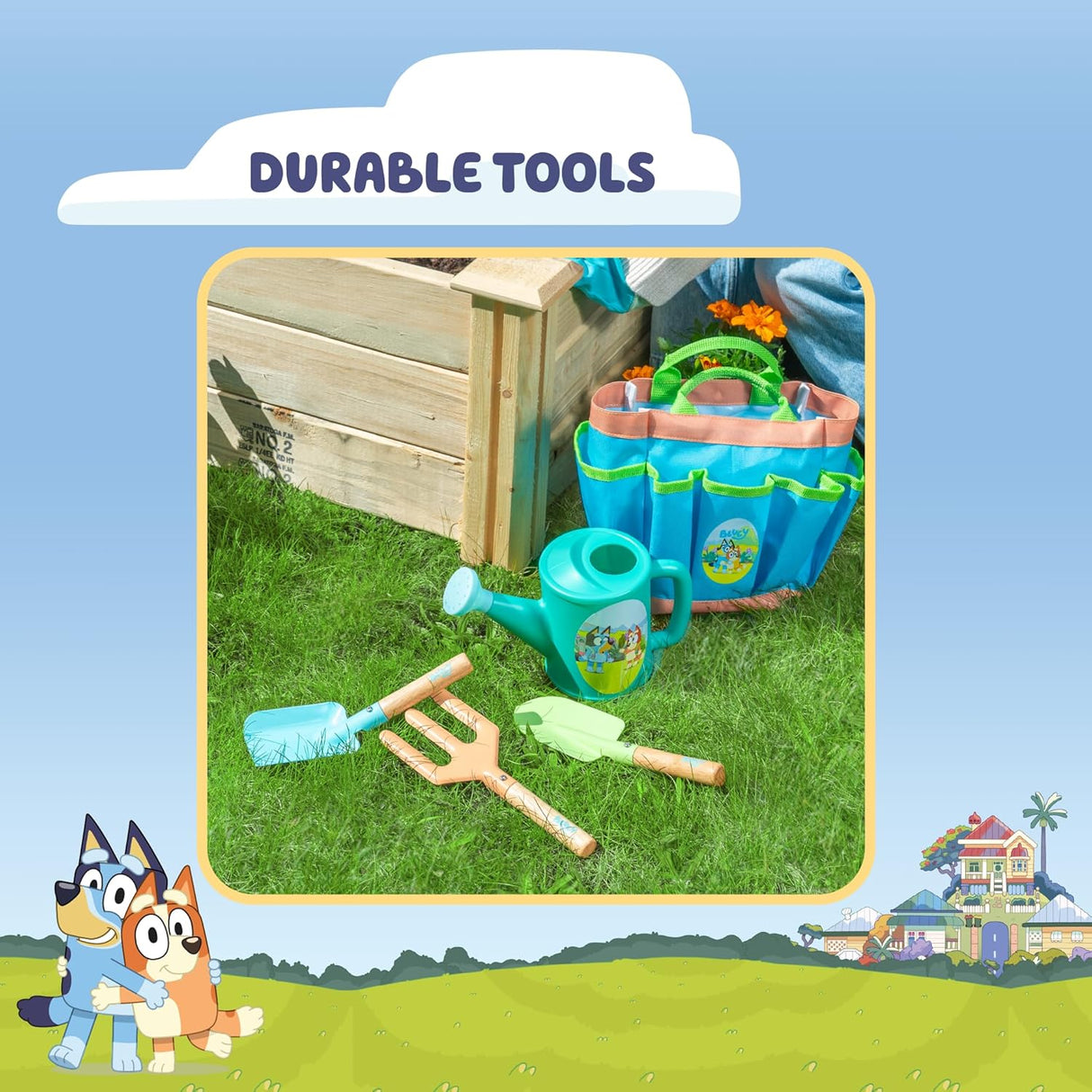 Bluey Garden Set with durable gardening tote, watering can, shovel, rake, and gloves for kids ages 3 and up.