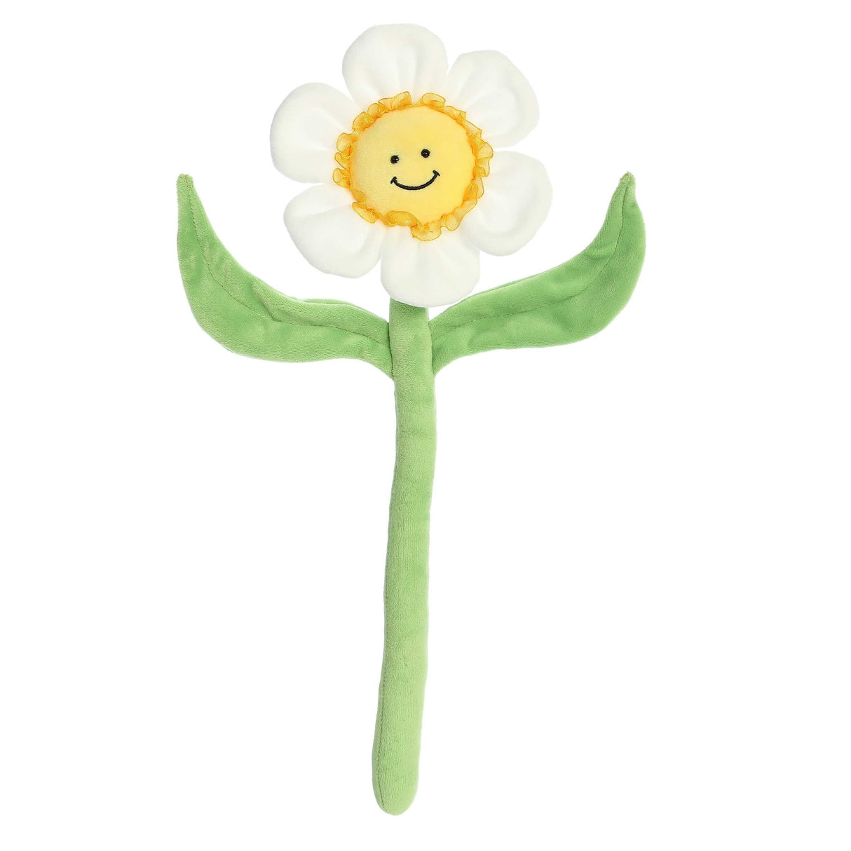 Poseez Daisy poseable plush flower with white petals, smiling face, and green leaves, measuring 15 inches tall.
