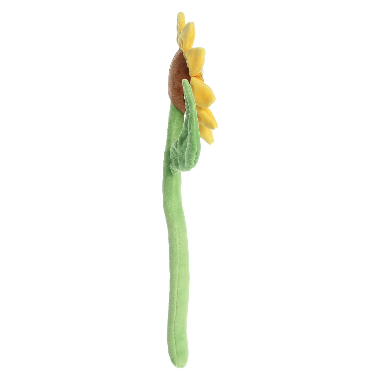 Poseez Sunflower plush toy shown from the side, featuring green stem and bright yellow petals with leaves.