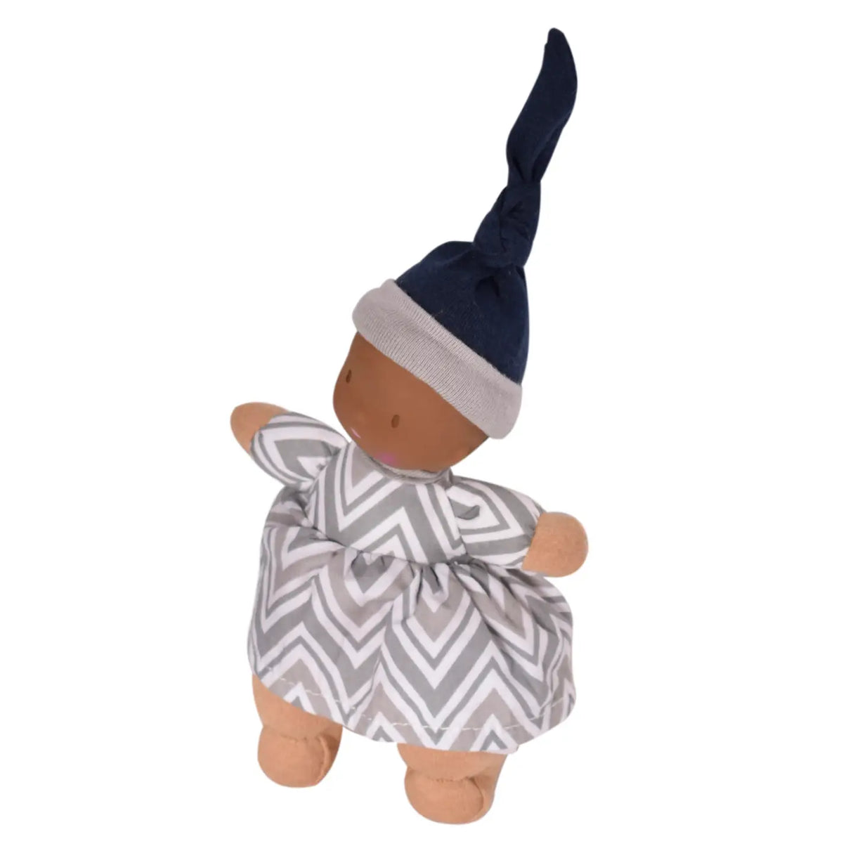 Precious Doll | Dark Skin soft baby doll with natural rubber head, cotton outfit, and navy blue hat for infants.