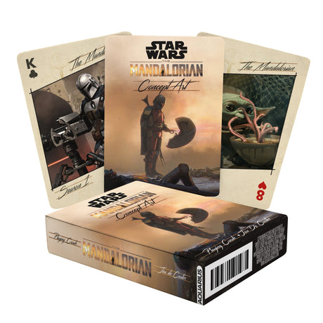 The Mandalorian Playing Cards featuring unique concept art from Star Wars with 54 distinct cards and jokers in deluxe packaging.