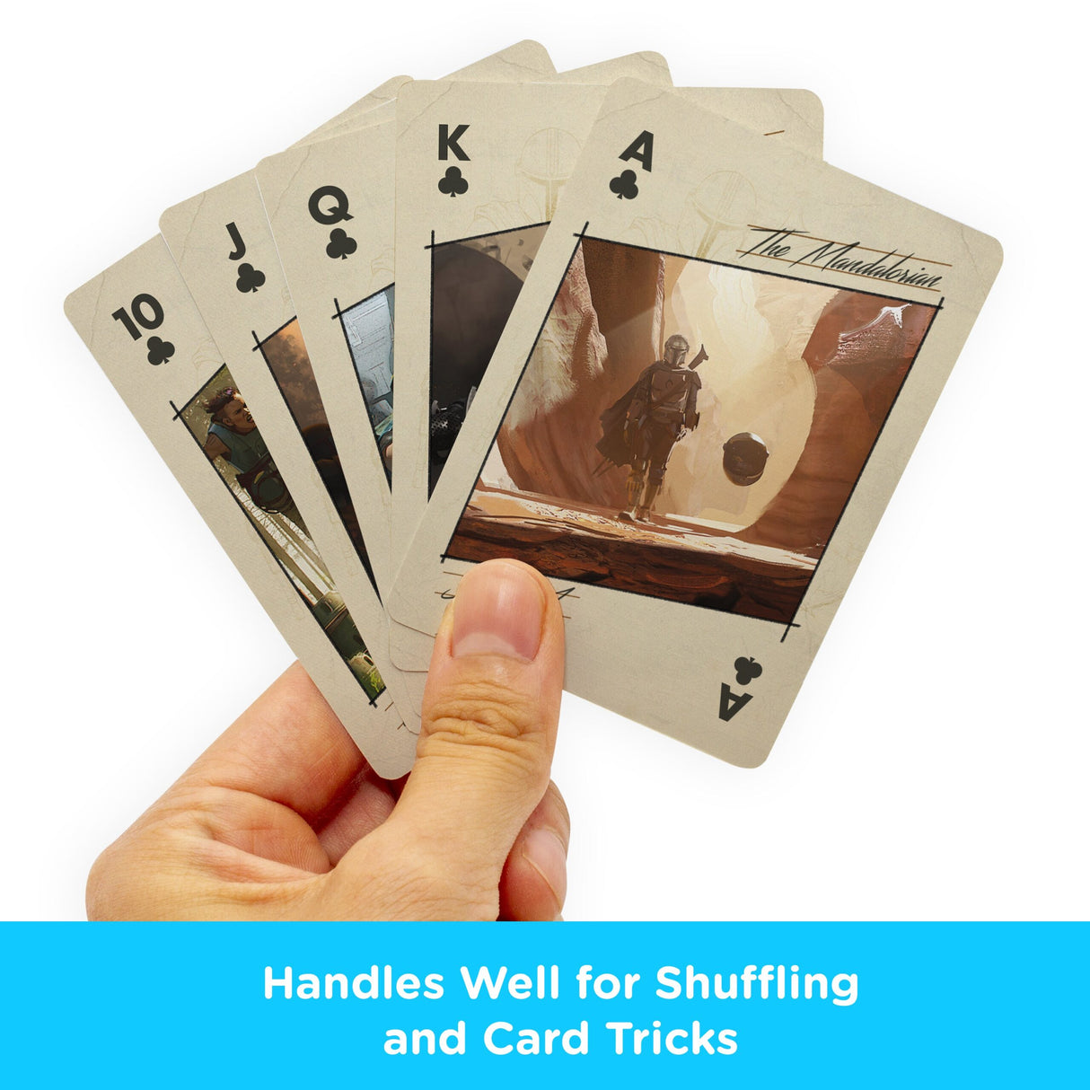 The Mandalorian Playing Cards featuring unique Star Wars concept art on each card held in a hand
