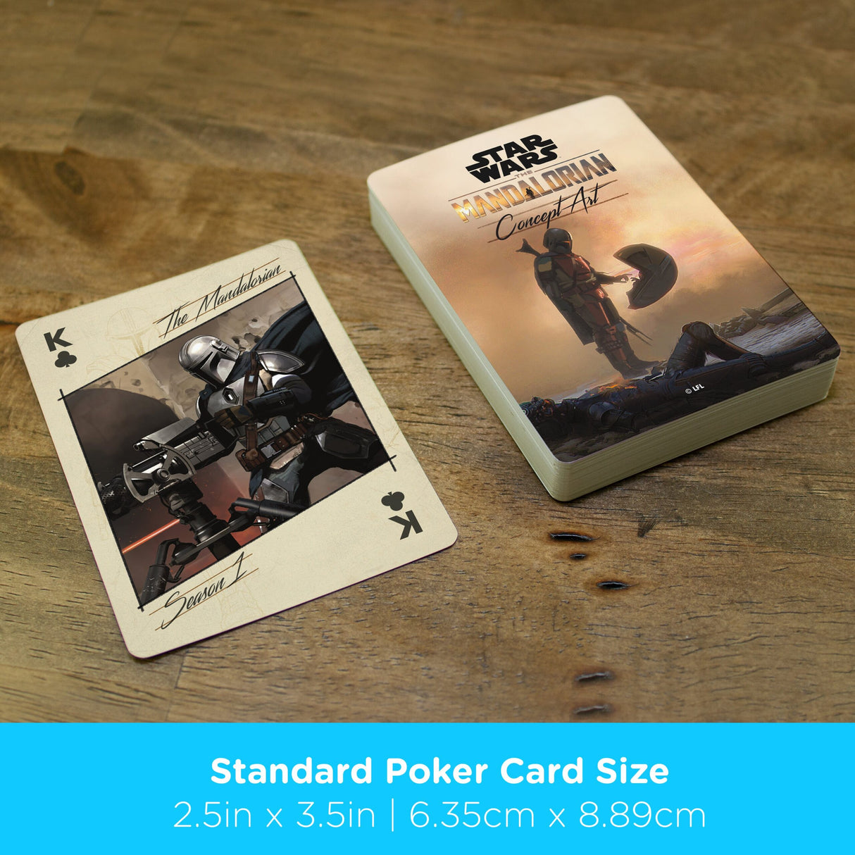 The Mandalorian Playing Cards featuring unique concept art from Star Wars with a detailed card and deck box on wood background.