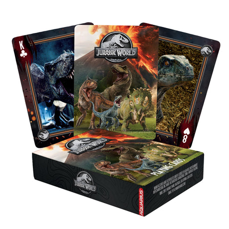 Jurassic World Playing Cards featuring dinosaur images and official branded packaging for game night fun.