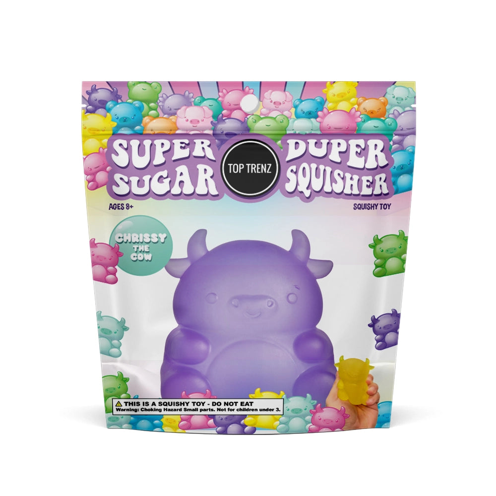 Super Duper Sugar Squisher | Cow purple squishy toy with cool touch and slow bounce, fun for ages 8 and up.