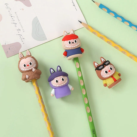 Labubu Pencil Sharpener set with four colorful character sharpeners on pencils, fun and cute desk accessories.