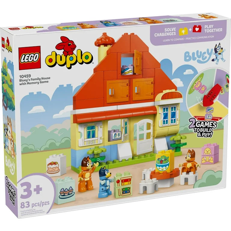 LEGO DUPLO Bluey's Family House building set with memory game featuring Heeler family and interactive play elements.