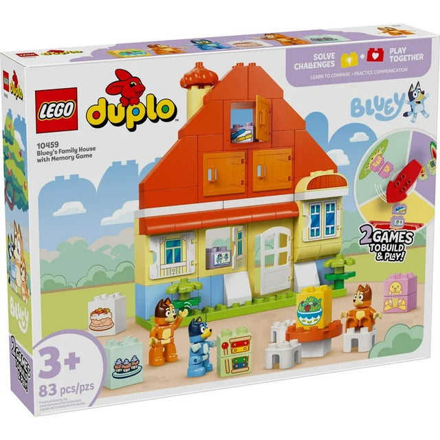 LEGO DUPLO Bluey's Family House building set with memory game featuring Heeler family and interactive play elements.