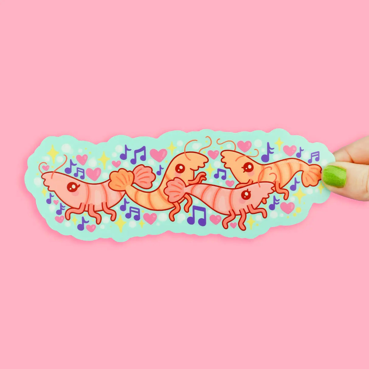 Shrimp Rave Long Sticker showing dancing shrimp with musical notes and hearts on durable vinyl against a pink background