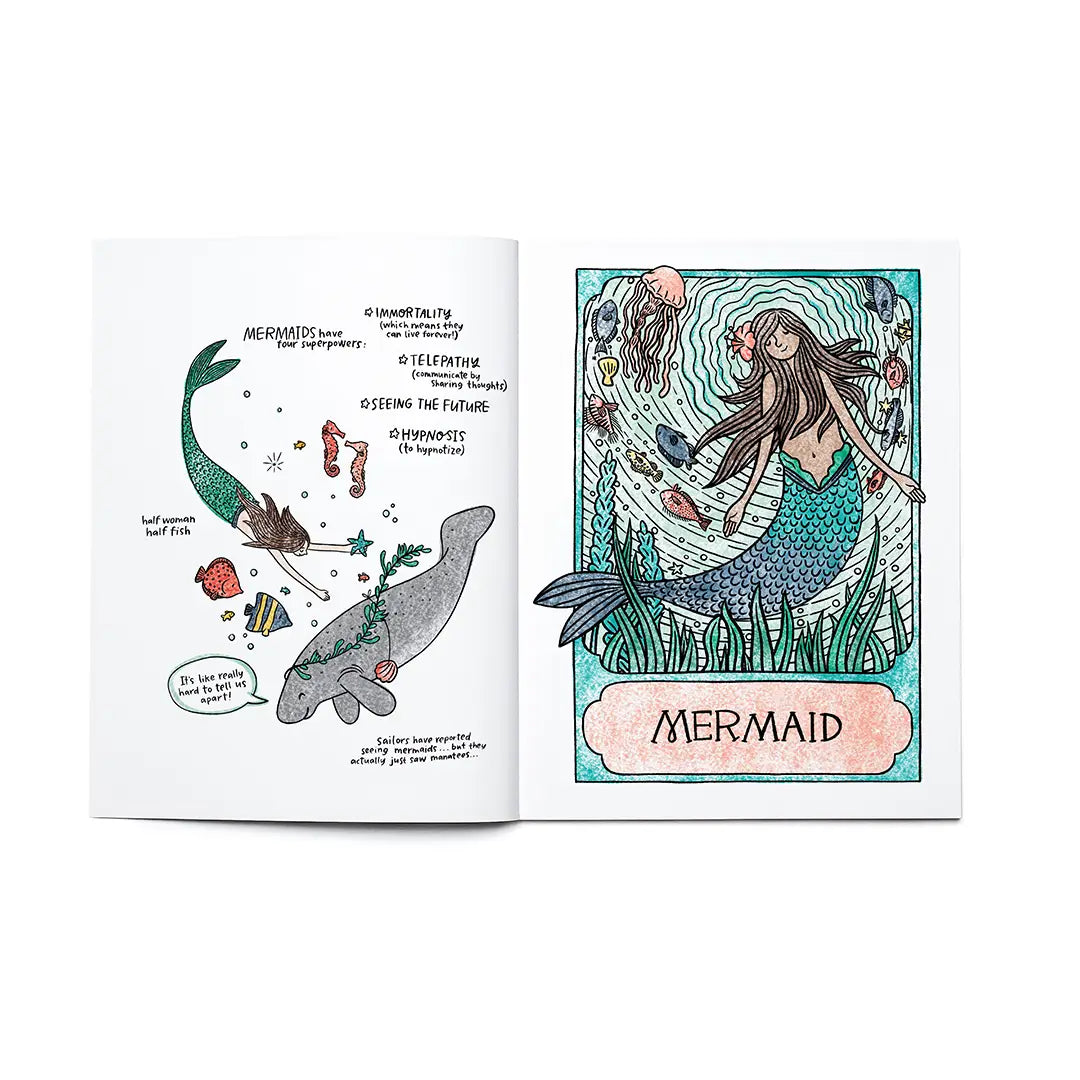 Open pages showing a colorful mermaid illustration and fun mermaid facts from a myth and magic activity book