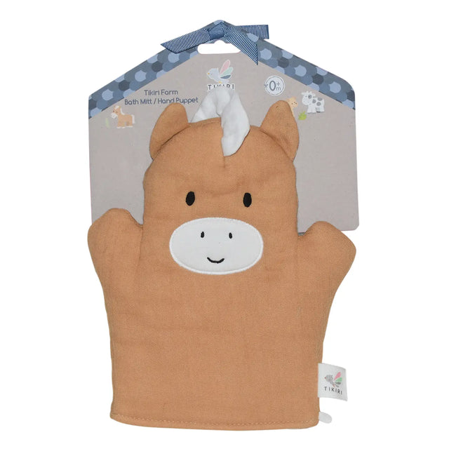 Farm Bath Mitt | Horse in soft cotton muslin, gentle and embroidered for baby bath time and play from 0+ months.