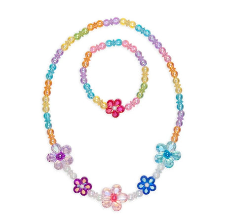 Blooming Beads Jewelry Set with colorful translucent beads and flower-shaped beads necklace and bracelet for kids.