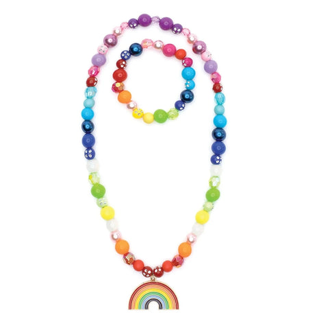 Double Rainbow Set multicoloured beaded necklace and bracelet with rainbow pendant for ages 3 and up.