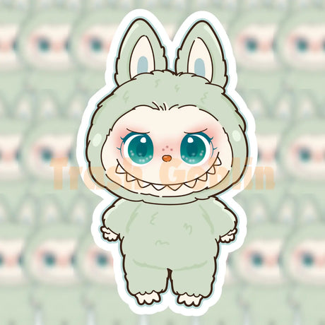 Cute Labubu character wearing a pastel green fuzzy animal costume with big blue eyes and playful expression sticker design