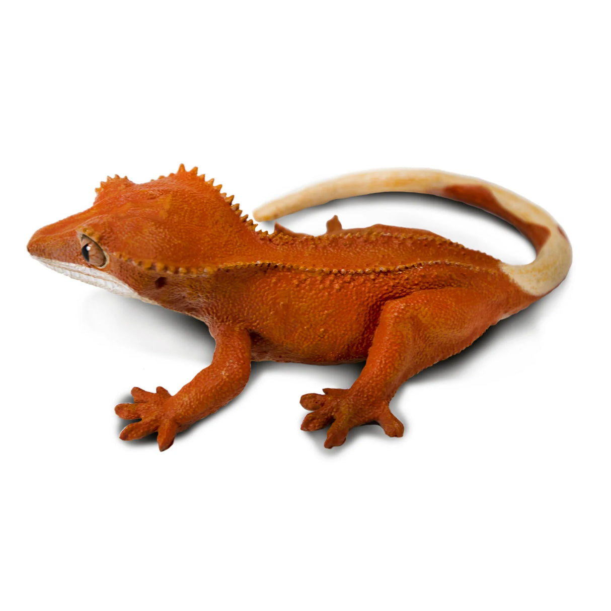 Crested Gecko toy figurine with orange and cream coloring, detailed sculpting, and lifelike features in 1:1 scale.