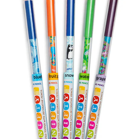 Five colorful Silly Sea Life Pencil Topper Scented pencils with assorted sweet scented caps in a freshness tube.