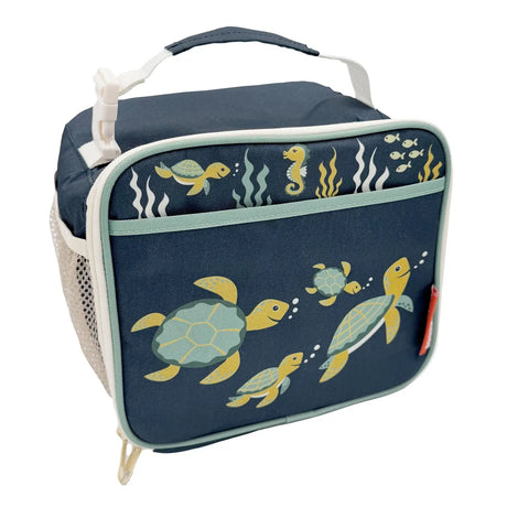 Insulated navy lunch tote with sea turtle print, side mesh pocket, zippered main compartment, and easy-carry handle for kids.