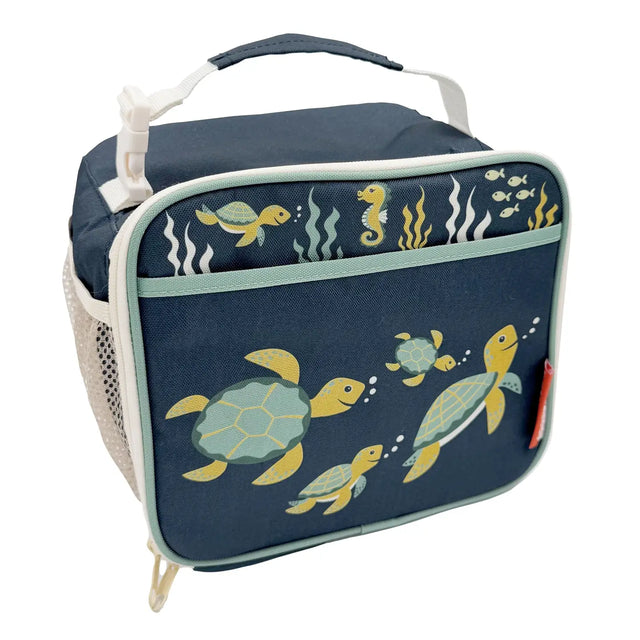 Insulated navy lunch tote with sea turtle print, side mesh pocket, zippered main compartment, and easy-carry handle for kids.