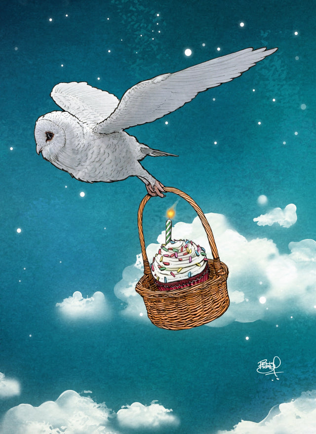 Make a Birthday Wish Owl Card features a flying white owl carrying a basket with a cupcake and lit candle.