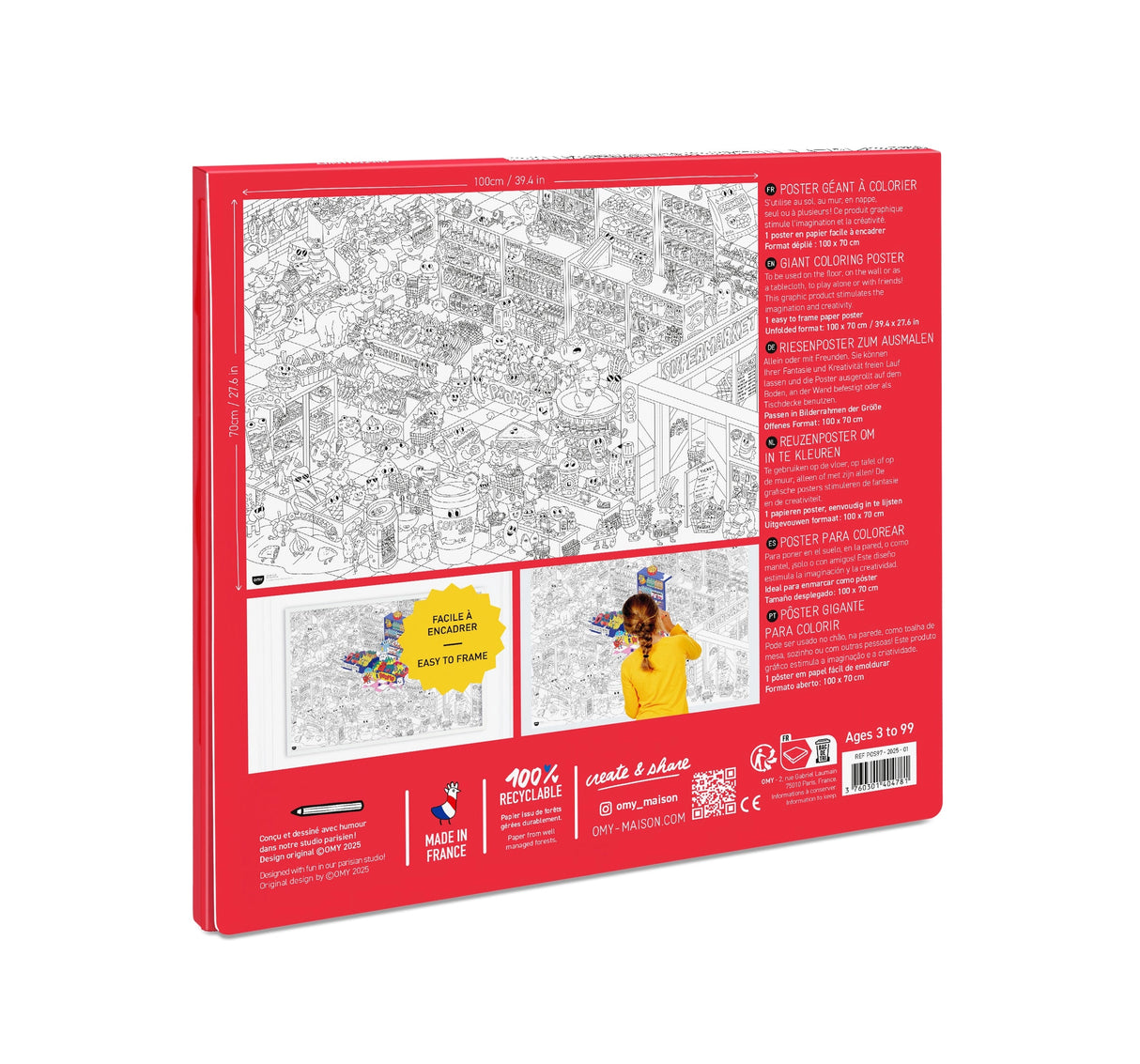 Back of Giant Coloring Poster featuring intricate supermarket scenes with instructions and images for kids ages 3 and up