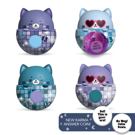 Magic Fortune Friends | Karma Kat featuring four disco ball kitties with fortune-telling squishy water toys and karma answer coins.