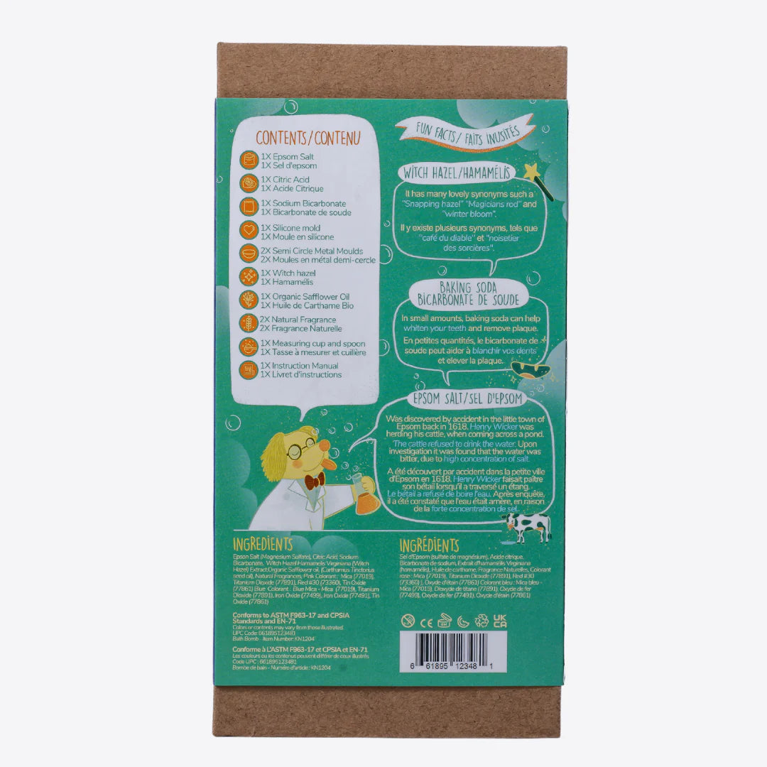 DIY Bath Bomb Kit packaging showing eco-friendly materials and detailed ingredient and content list.