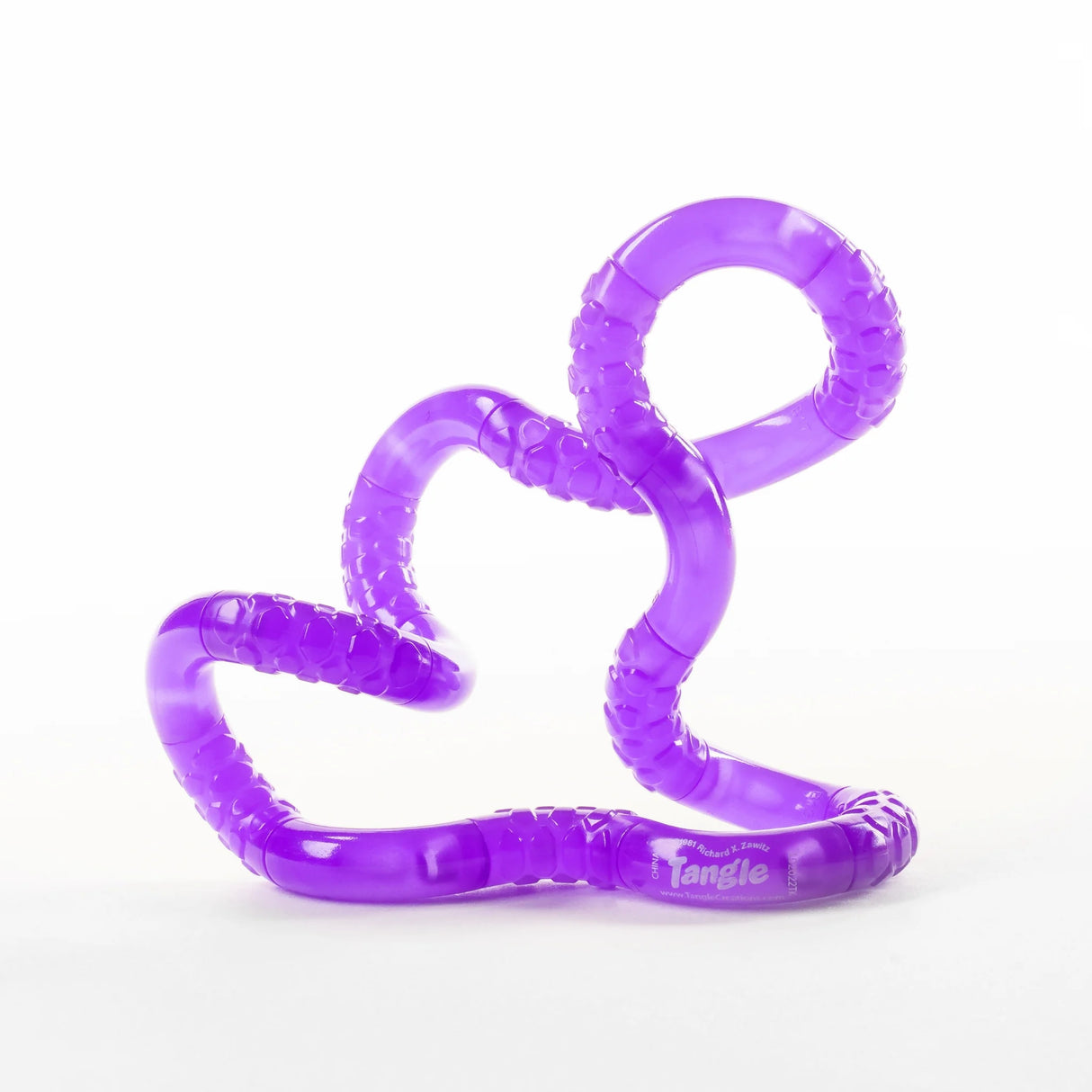 Purple Glow in the Dark Tangle fidget toy twisted in loops with textured sections for sensory play.