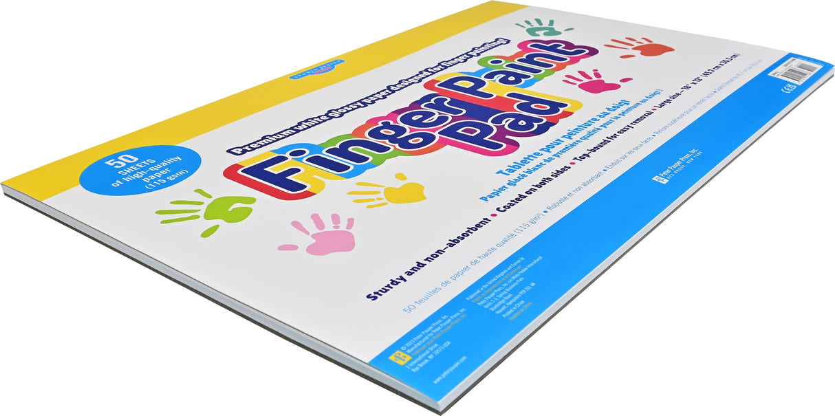 Large junior finger paint pad with 50 glossy, thick, top-bound sheets and sturdy cardboard backing for creative kids