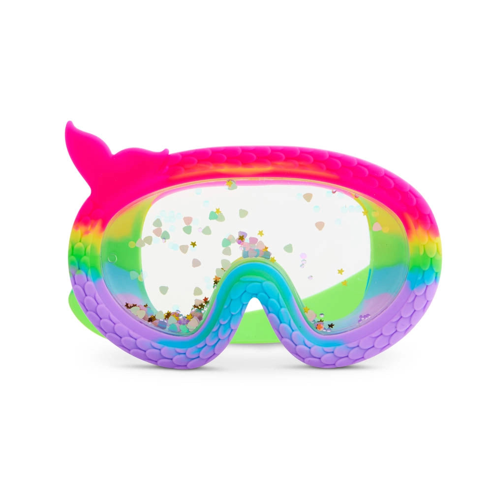 Swim Mask Coral Cove Rainbow with floating glitter, silicone mermaid tail frame, and anti-fog UV protection lenses.