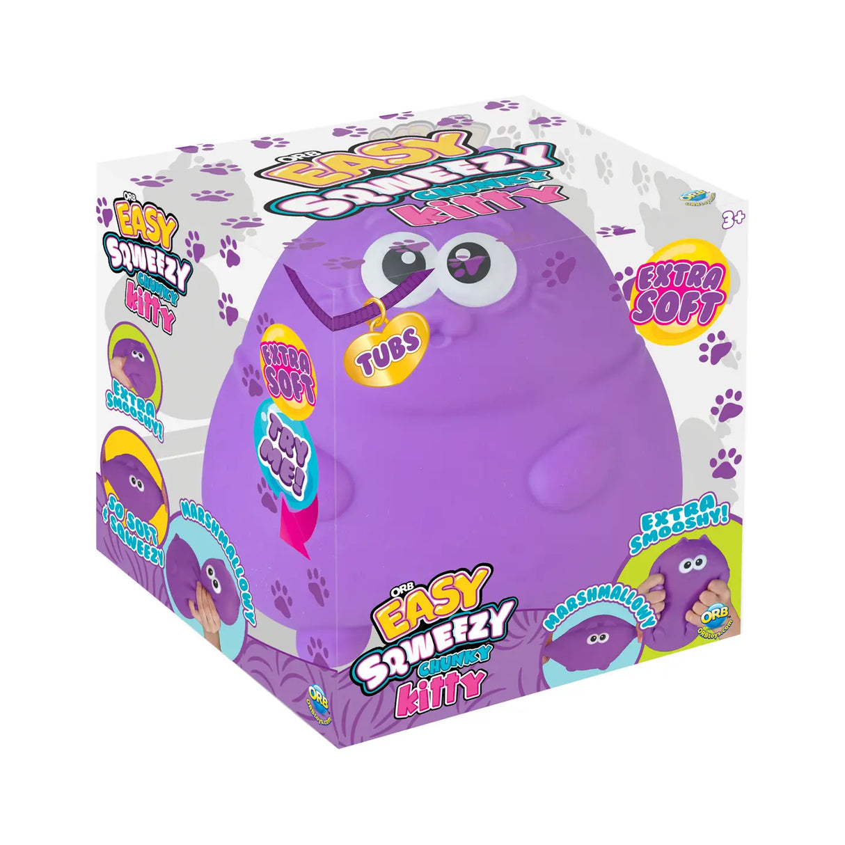 Easy Sqweezy Chunky Kitty purple squishy toy in packaging with extra soft texture for ages 3 and up.