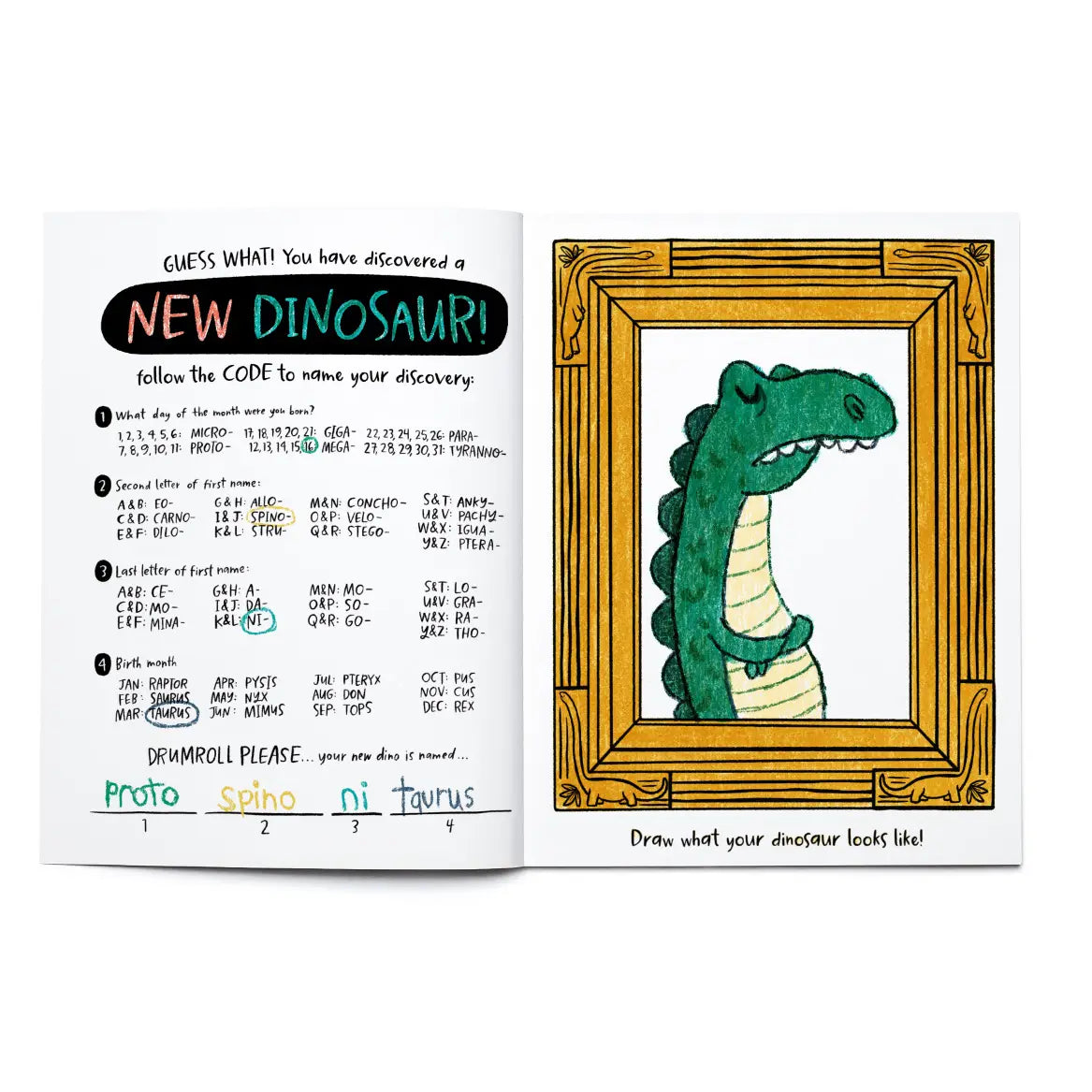 Open activity book showing dinosaur naming code and a green dinosaur drawing inside a wooden frame illustration
