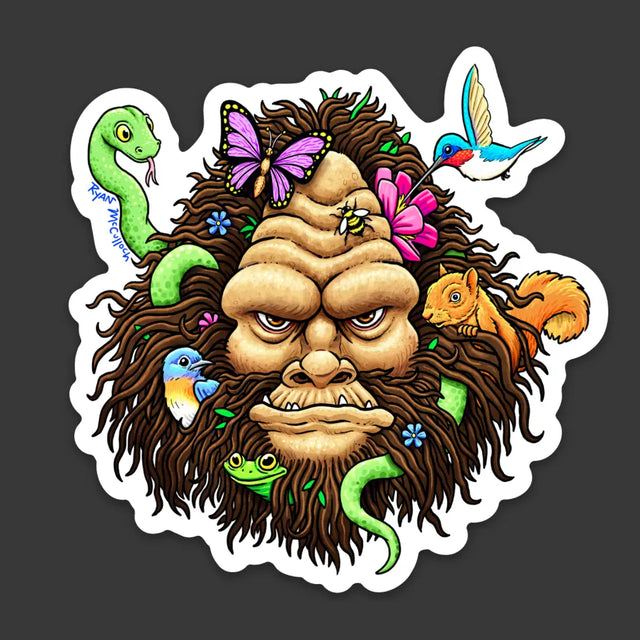 Bigfoot and Friends Sticker featuring Bigfoot face surrounded by animals and nature elements by Ryan McCulloch.