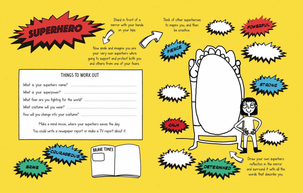 Children’s activity page encouraging bravery with superhero themes, reflective writing, and creative exercises.