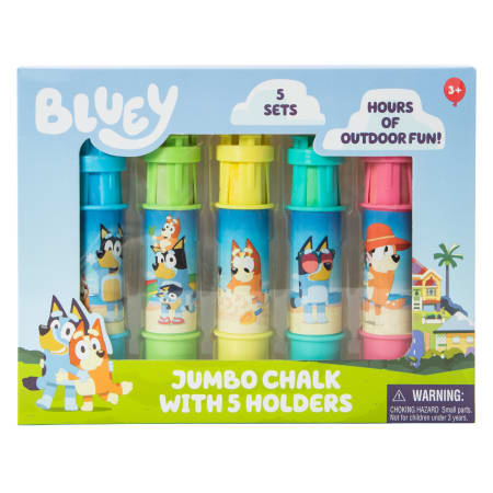 Bluey Jumbo Chalk Set with five colorful jumbo chalk sticks and holders for creative outdoor fun for kids aged 3 and up