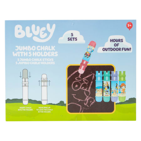 Bluey Jumbo Chalk Set with five jumbo chalk sticks and holders for creative outdoor fun and colorful sidewalk art.