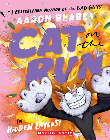 Cat on the Run #3: Hidden Layers book cover shows a cartoon cat with wide eyes and raised paws in an explosive colorful background.