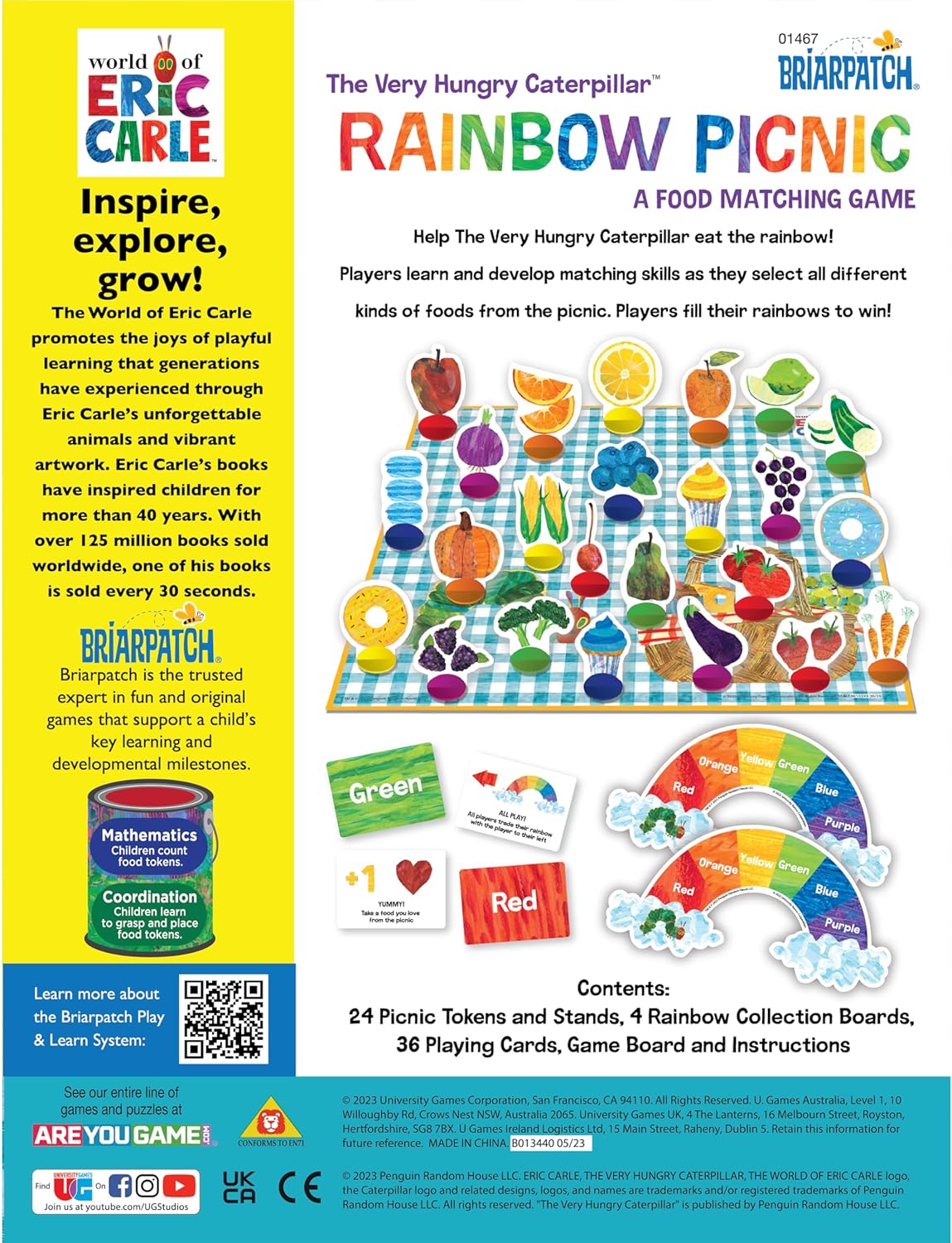 The Very Hungry Caterpillar's Rainbow Picnic game with colorful food tokens and rainbow boards for kids learning and matching fun.
