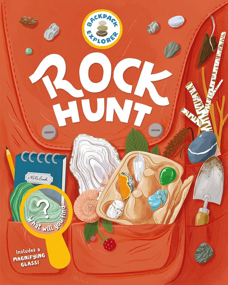 Backpack Explorer: Rock Hunt cover featuring a magnifying glass, rocks, notebook, and outdoor explorer tools on an orange background.