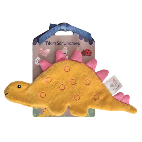 Organic Crinkle Fabric | Stego yellow and pink stegosaurus toy with crinkle paper filling for sensory development.
