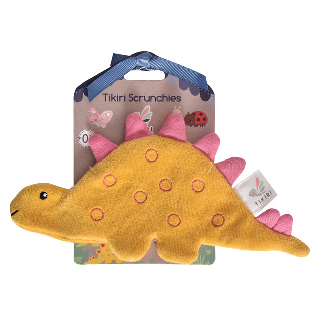 Organic Crinkle Fabric | Stego yellow and pink stegosaurus toy with crinkle paper filling for sensory development.