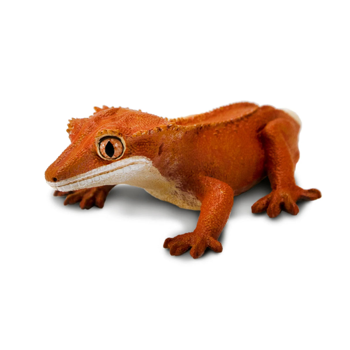 Crested Gecko figurine with detailed orange and cream coloring, textured scales, and realistic sculpting.