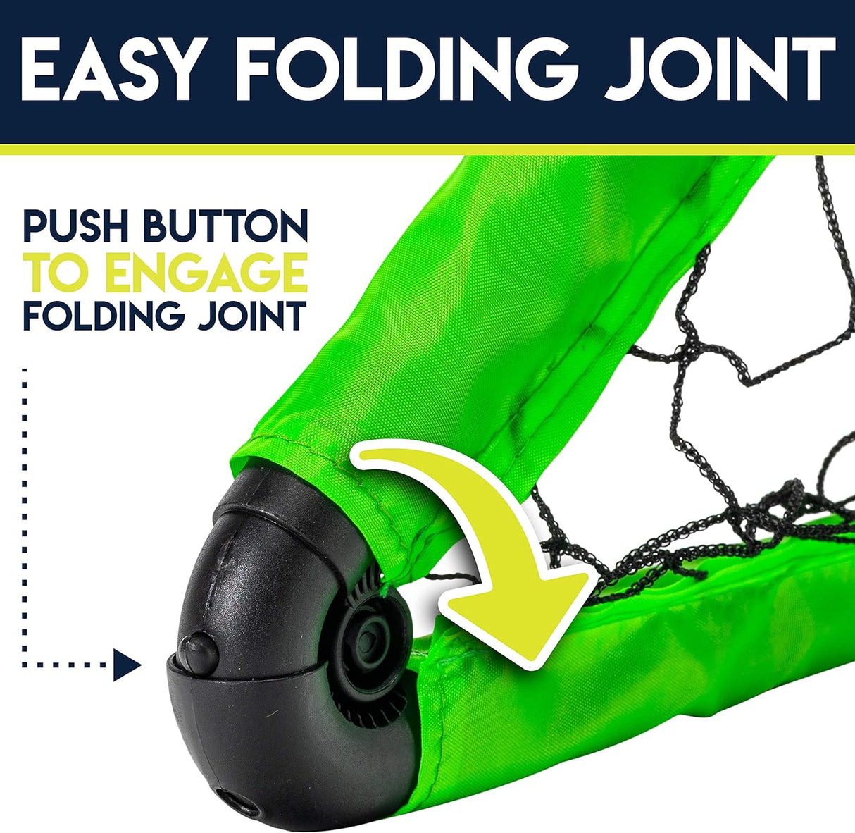 Soccer Goal with Ball & Pump showing easy folding joint with push button to engage for simple setup and storage