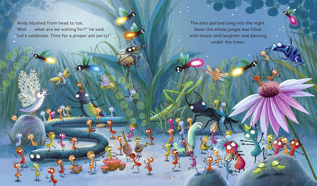 Ant Party scene with Andy the ant and friends dancing and celebrating under glowing jungle plants at night.