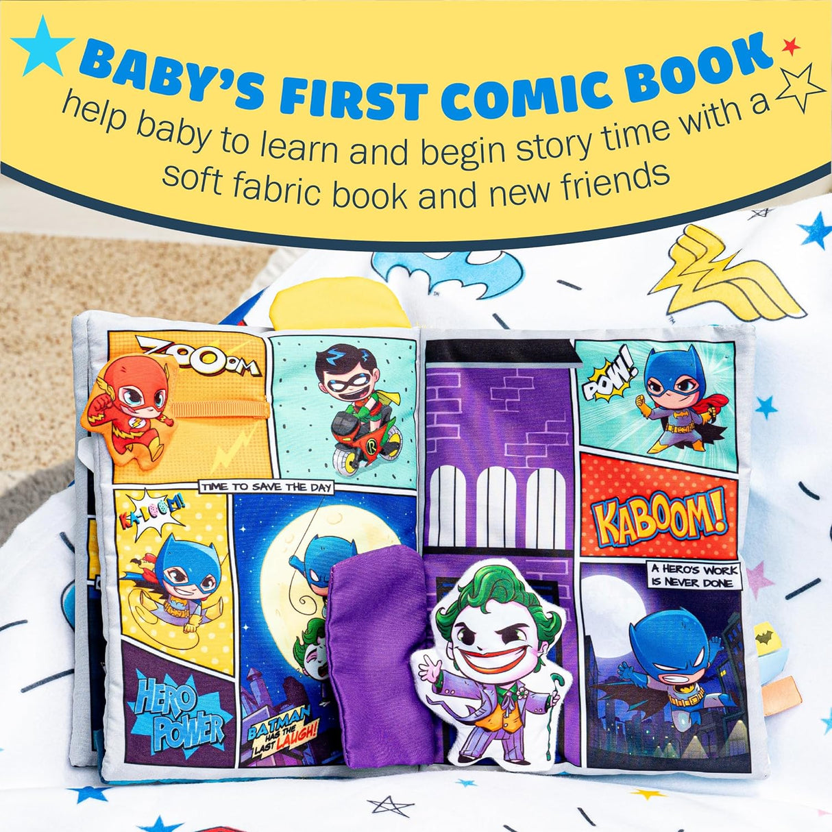 DC My First Comic Soft Book featuring soft fabric superhero characters and interactive storytime activities for babies.