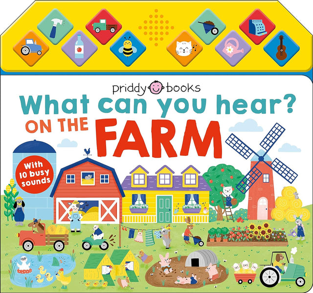 What Can You Hear Farm board book featuring colorful farm scenes and 10 interactive sounds for young children ages 1-4.