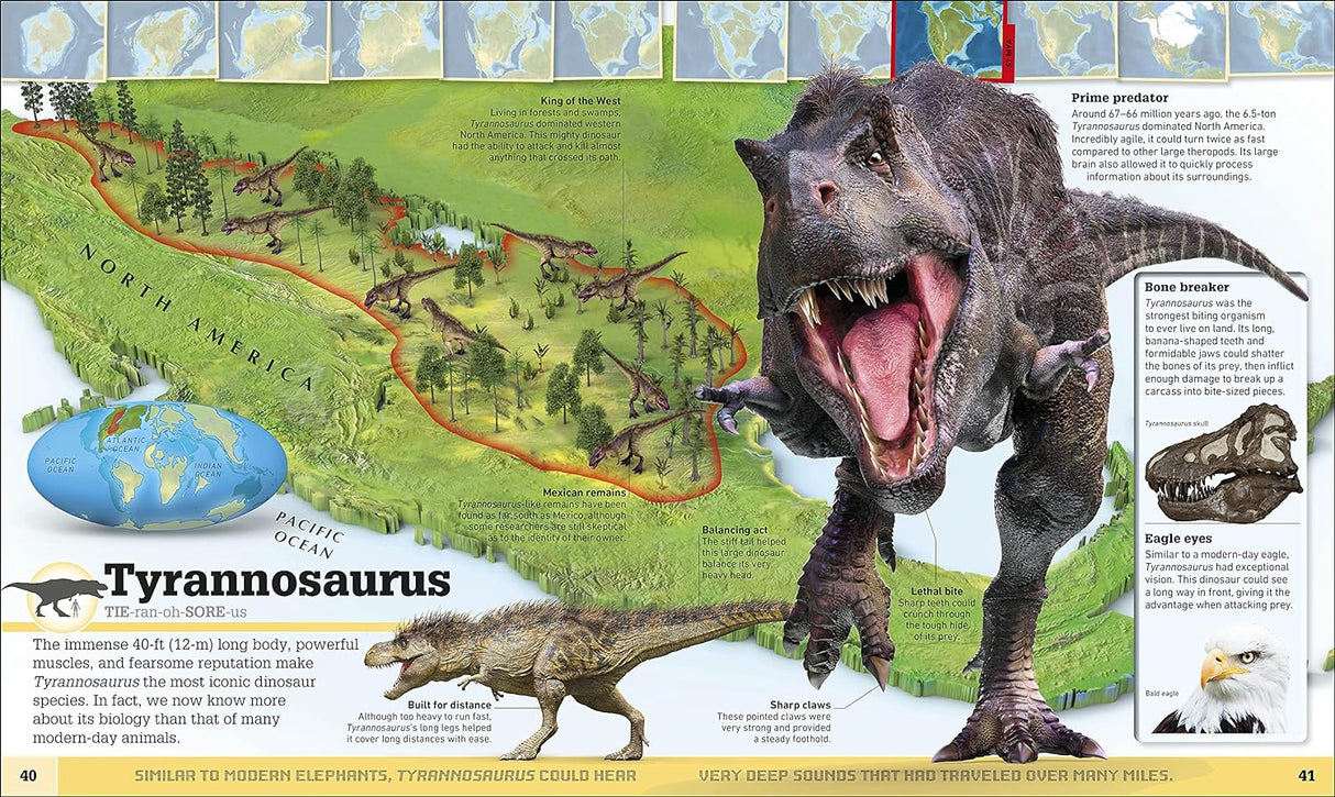 Smithsonian Dinosaur Atlas page showing a detailed map and depiction of the Tyrannosaurus rex and prehistoric terrain.