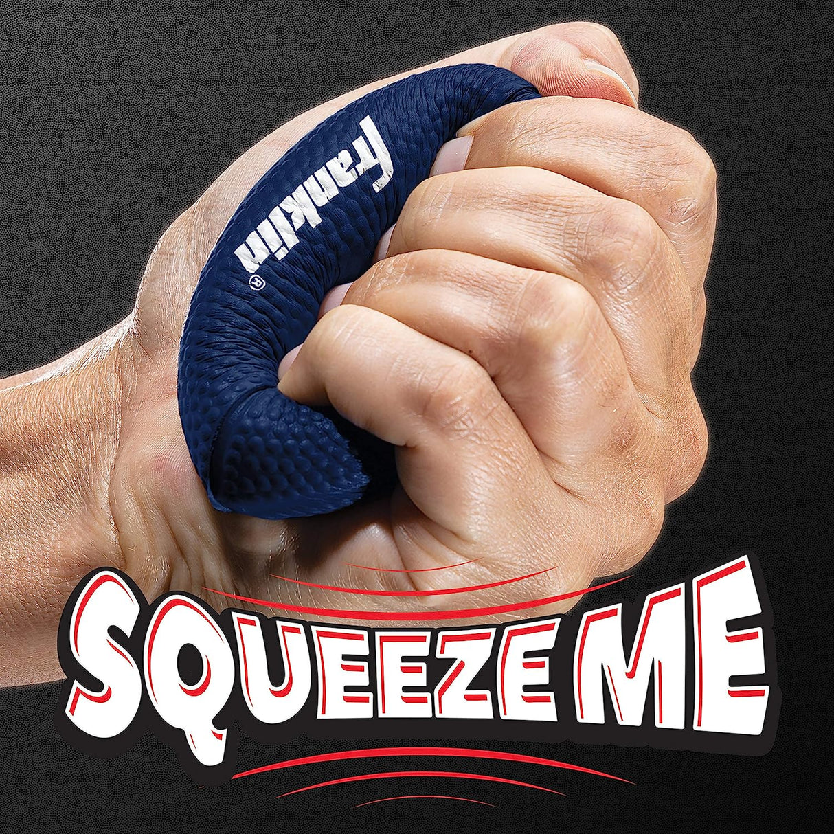 Hand squeezing a navy blue Patriots Football Stress Ball made of soft, durable foam for stress relief.