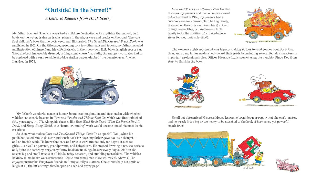 Richard Scarry's Cars and Trucks and Things That Go 50th Anniversary Edition book pages with colorful Busytown vehicles illustrations.